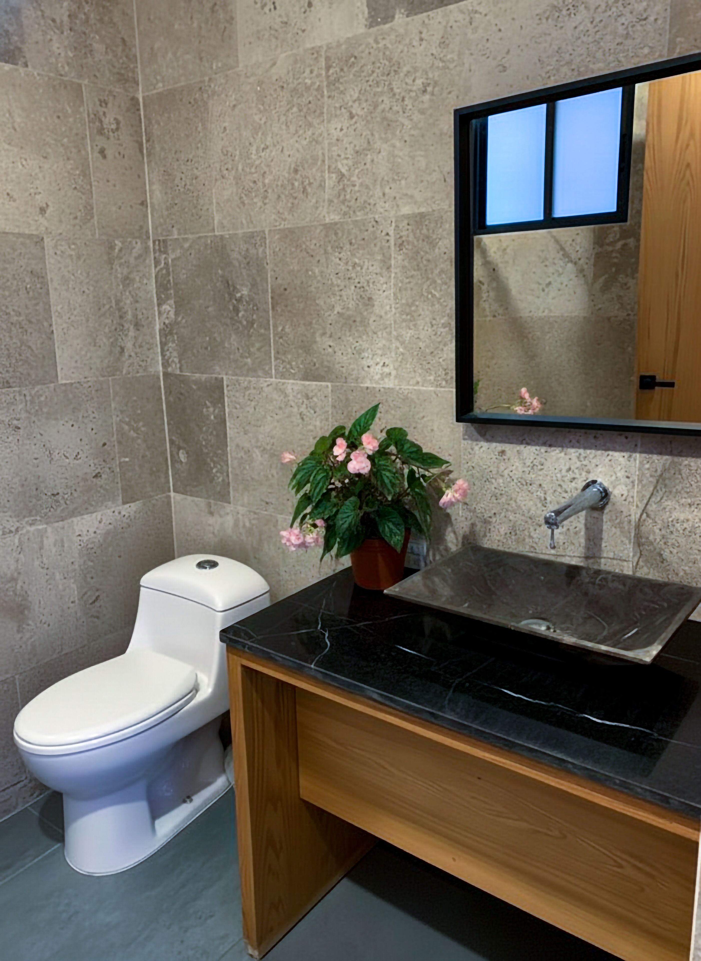 Un baño con inodoro, lavamanos con espejo y una planta en maceta.