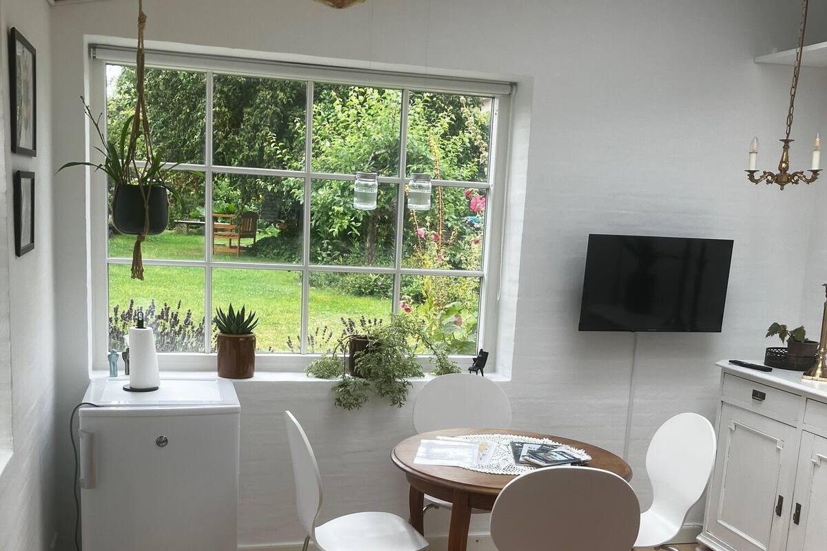 A modern kitchen with a dining area, a white refrigerator, a TV mounted on the wall, and a large window with a view of the garden.