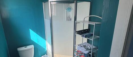 Hair dryer, towels, soap, toilet paper