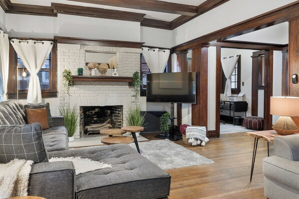 Smart TV, fireplace, video games, foosball