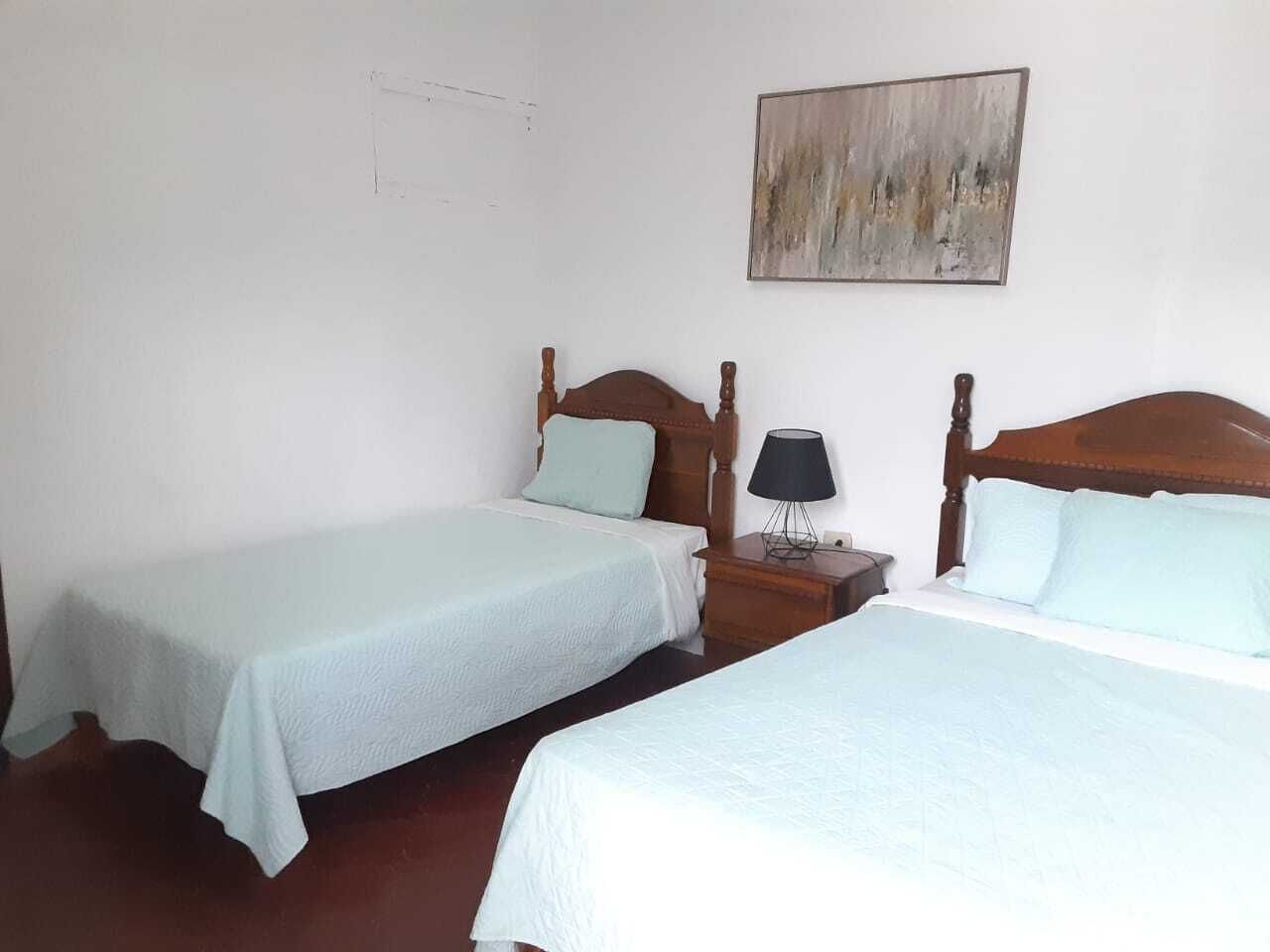 Una habitación con dos camas individuales, una mesita de noche con lámpara y un cuadro en la pared.