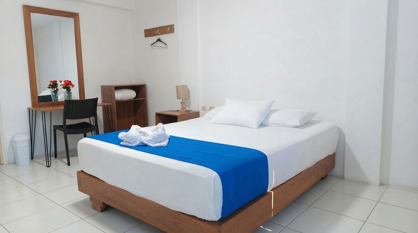A hotel room with a bed, a desk with a chair, a mirror, and a small table with a lamp.