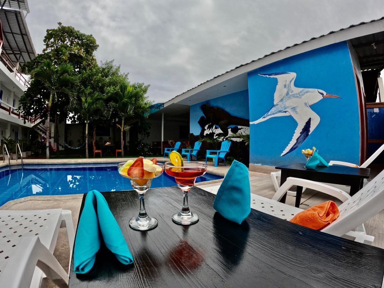 Zona junto a la piscina con sillones de descanso, una mesa con bebidas y un mural de un pájaro.