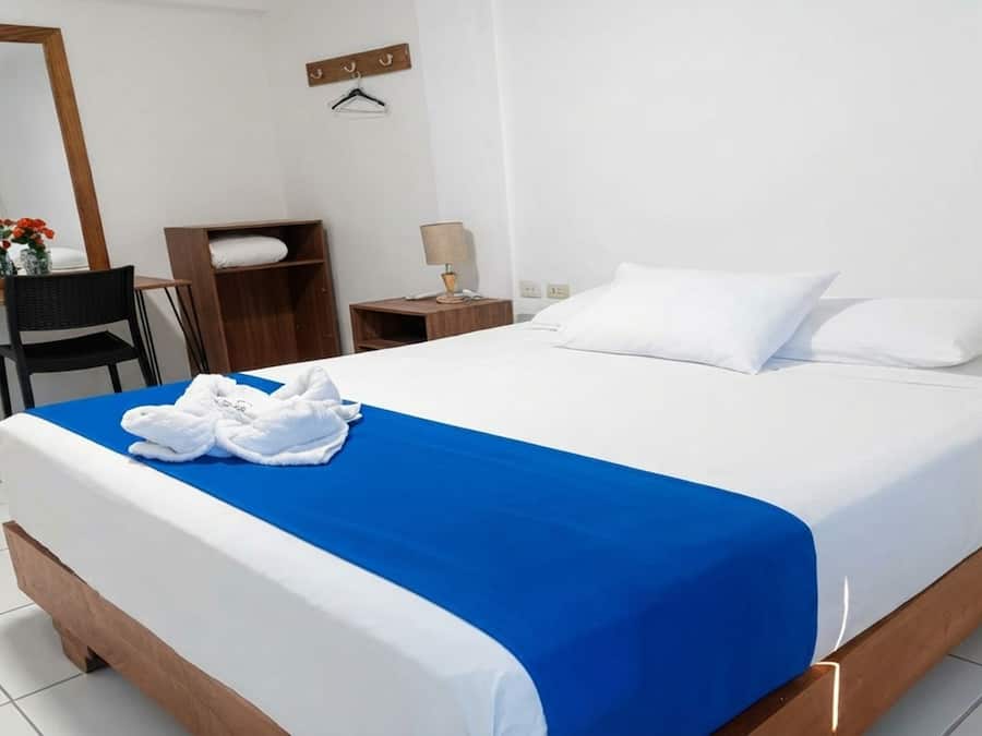A hotel room with a bed, a desk, a chair, a mirror, a wardrobe, and a hanging coat rack.