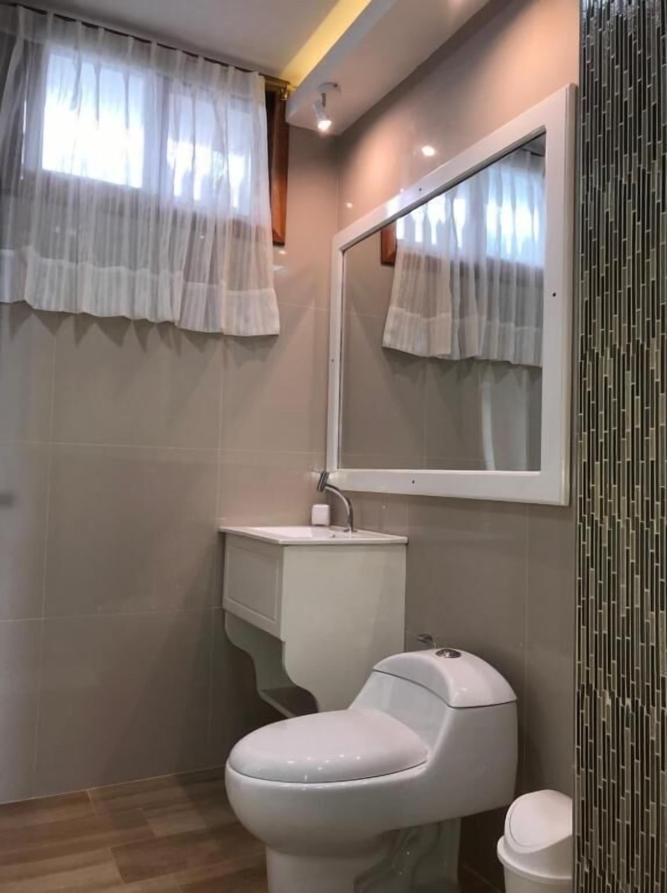 A bathroom with a toilet, sink, and mirror.