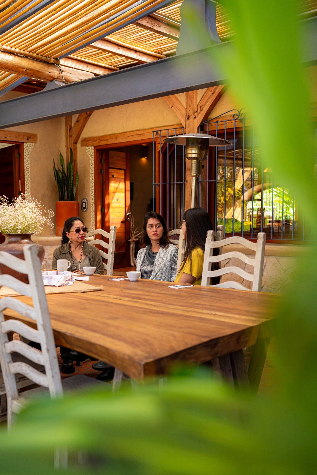 A wooden table with four chairs, a potted plant, and a metal heater in a rustic outdoor dining area.