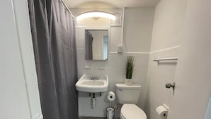 A compact bathroom with a sink, toilet, and shower curtain.