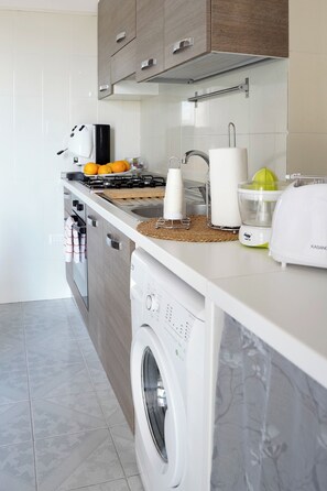 A modern kitchen with a built-in washing machine, a stove, and a sink. - Giaro's Home (Pompei)