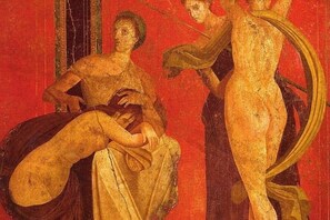 A classical fresco with figures in drapery, set against a red background. - Giaro's Home (Pompei)