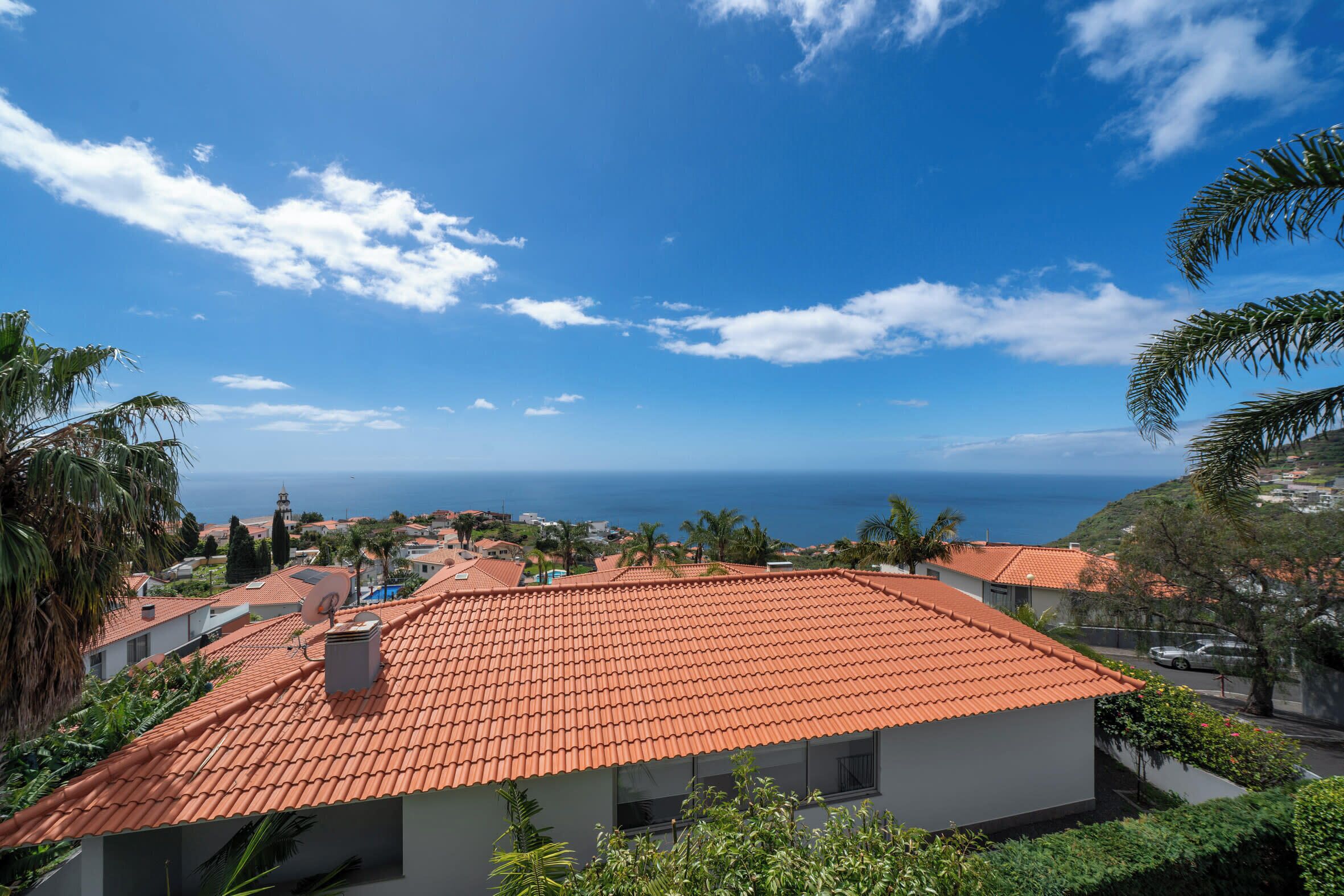 A coastal residential area with terracotta-tiled roofs, palm trees, and a view of the sea.