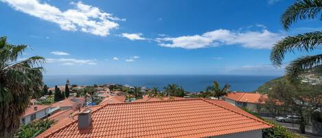 A coastal residential area with terracotta-tiled roofs, palm trees, and a view of the sea.