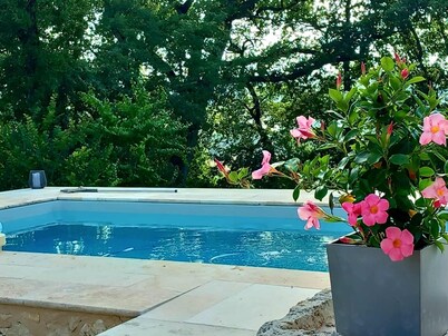 Large stone gîte for 12 people, swimming pool and boules pitch.