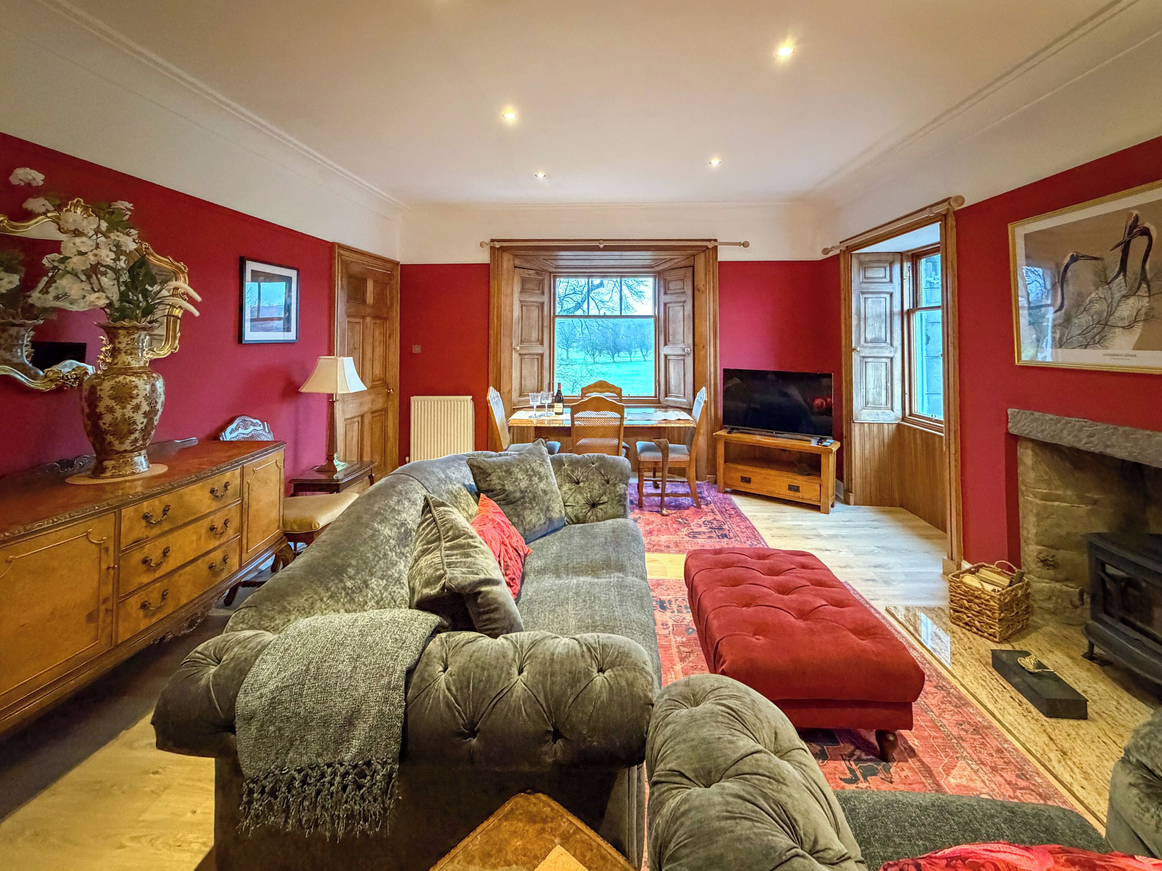 Smart TV, fireplace, DVD player, books