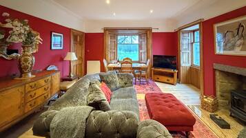 Smart TV, fireplace, DVD player, books