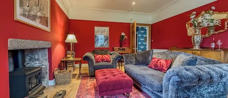 Smart TV, fireplace, DVD player, books