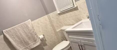 Hair dryer, towels, soap, toilet paper