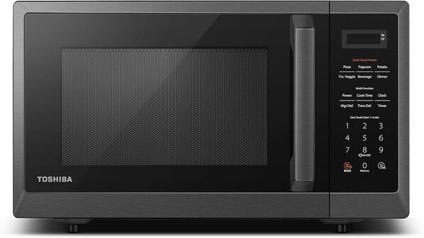 A black Toshiba microwave with a digital display and a touchpad.