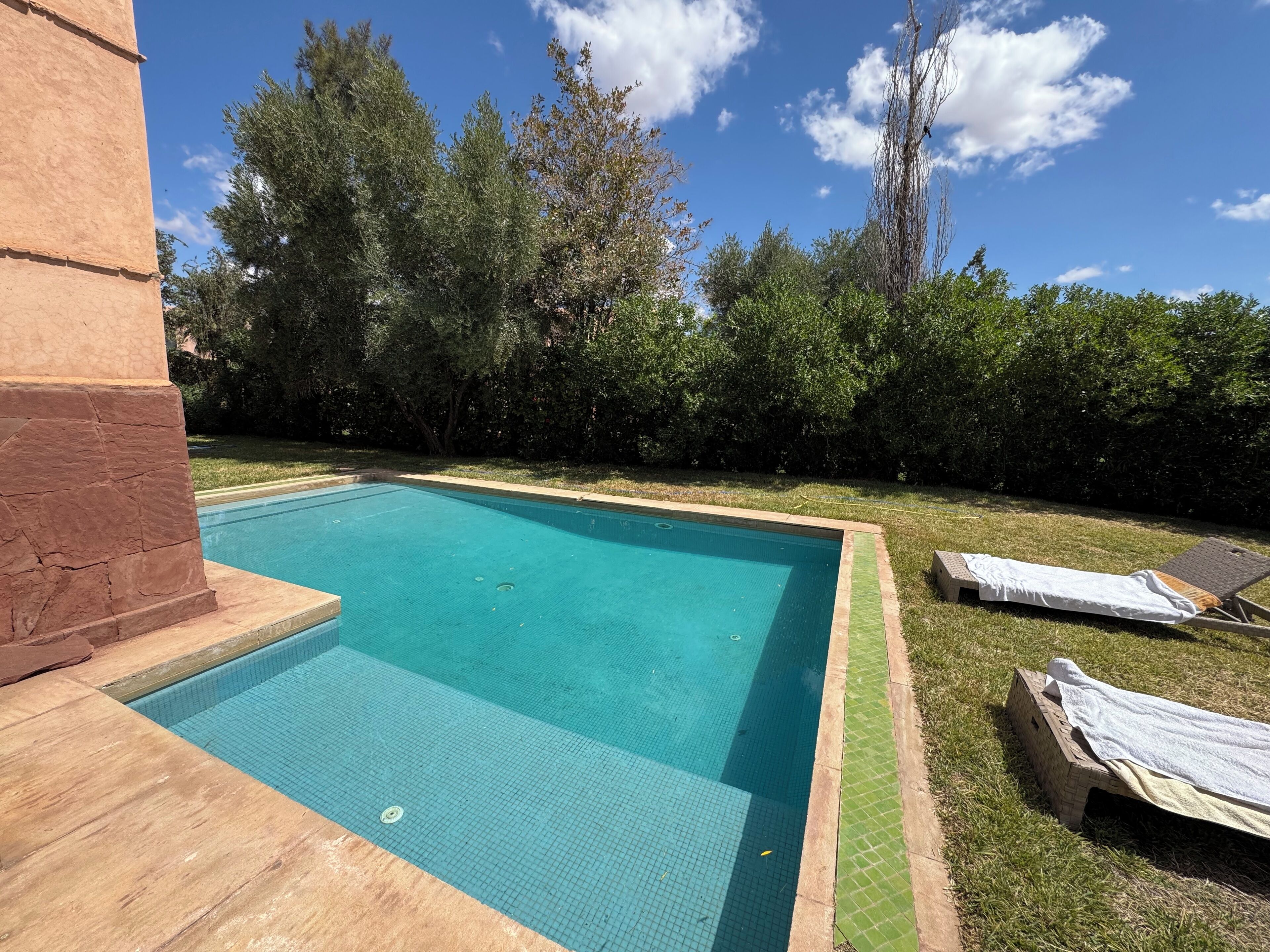 A rectangular swimming pool with a tiled edge, surrounded by a grassy area and trees.