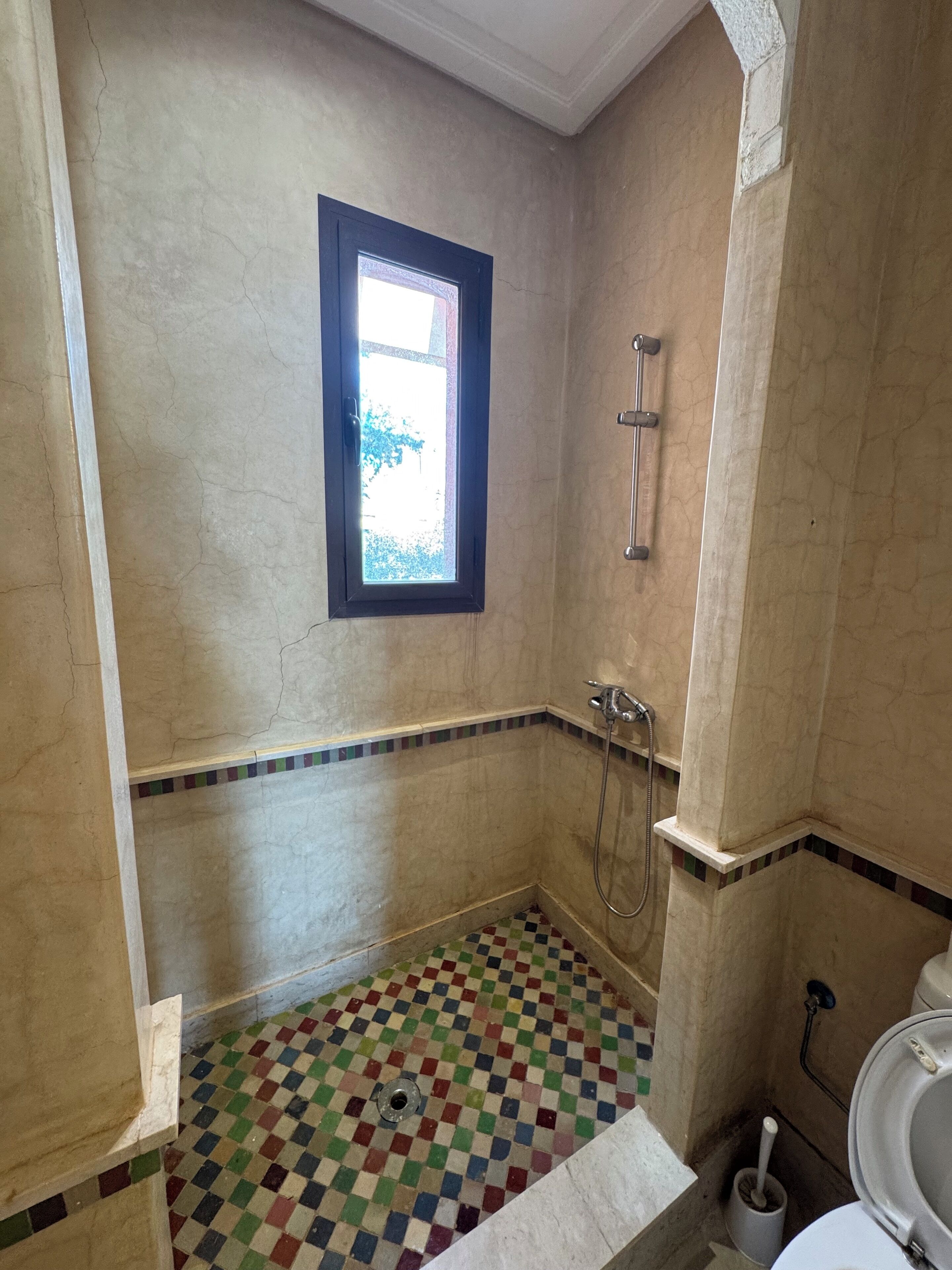 Un bagno con pavimento a scacchi, una finestra, una doccia e un water.