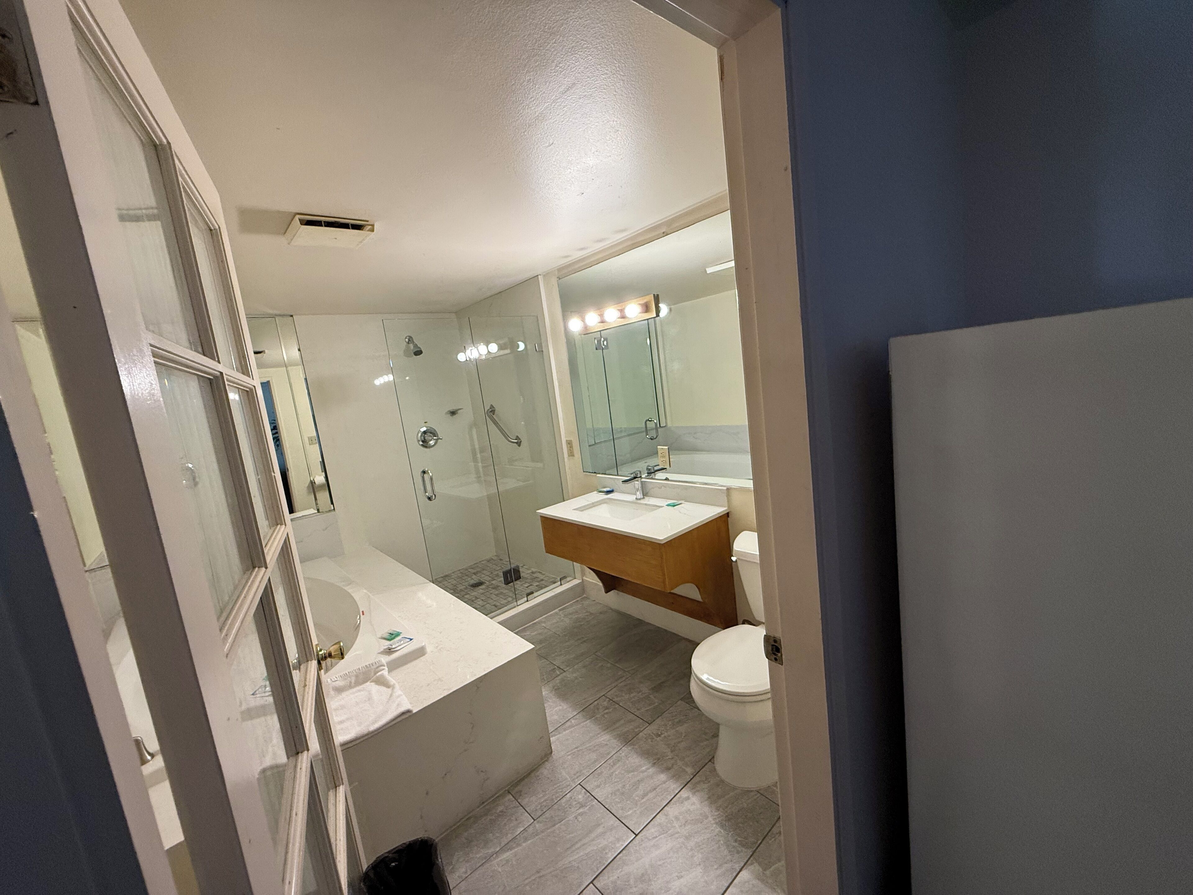 A modern bathroom with a glass-enclosed shower, a vanity with a mirror, and a toilet.