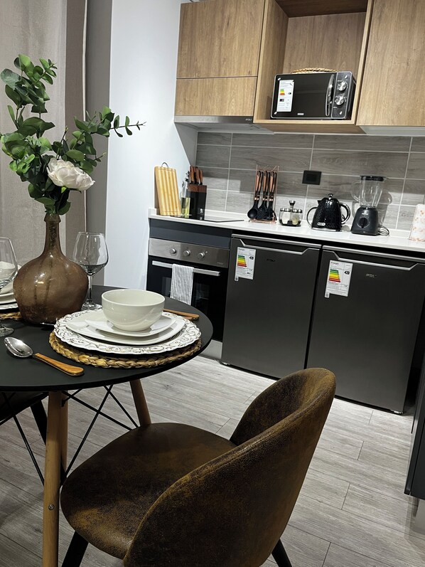 Fridge, microwave, oven, electric kettle