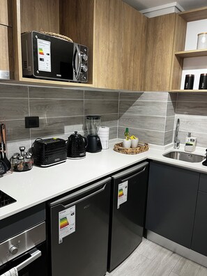 Fridge, microwave, oven, electric kettle