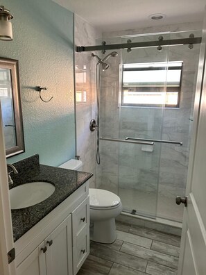 Shower, hair dryer, towels, soap