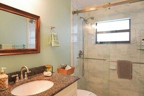 Shower, hair dryer, towels, soap