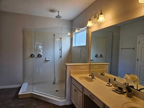 Hair dryer, towels, soap, shampoo