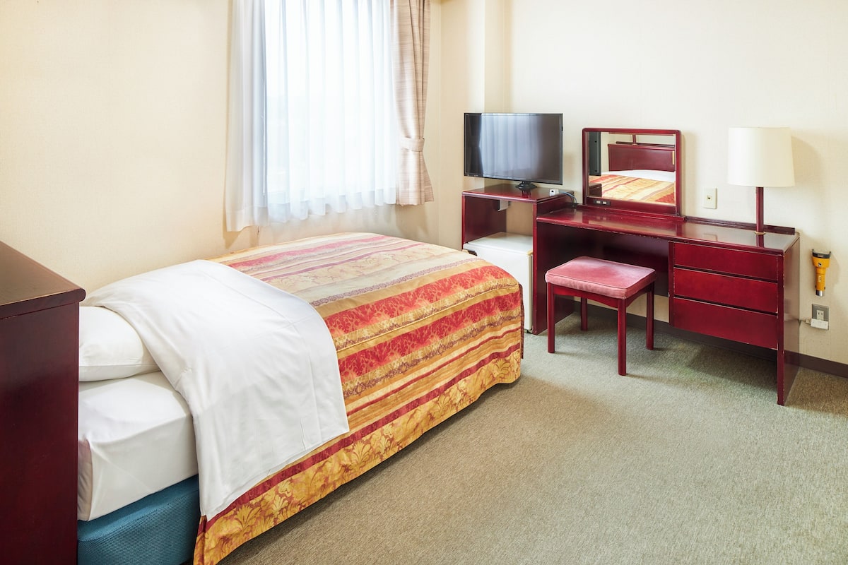 A hotel room with a bed, a desk, a chair, a television, and a lamp.