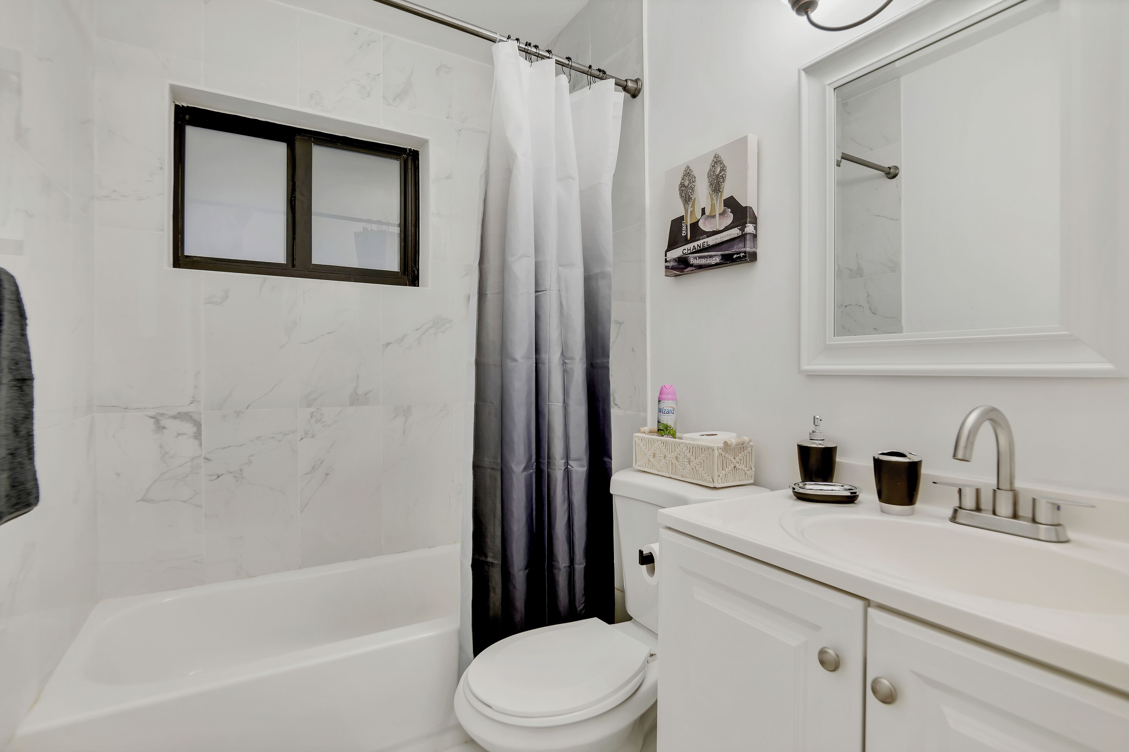 Hair dryer, towels, soap, toilet paper