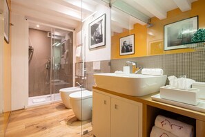Regadera, secadora de cabello, bidet, toallas 