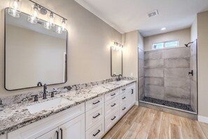 Shower, towels, soap, toilet paper