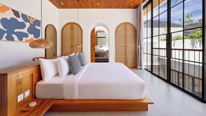 A modern bedroom with a large bed, wooden ceiling, and large windows. - Villa Kala (Canggu)