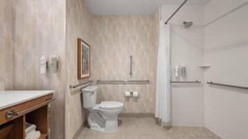 Een moderne badkamer met toilet, douche en wastafel.