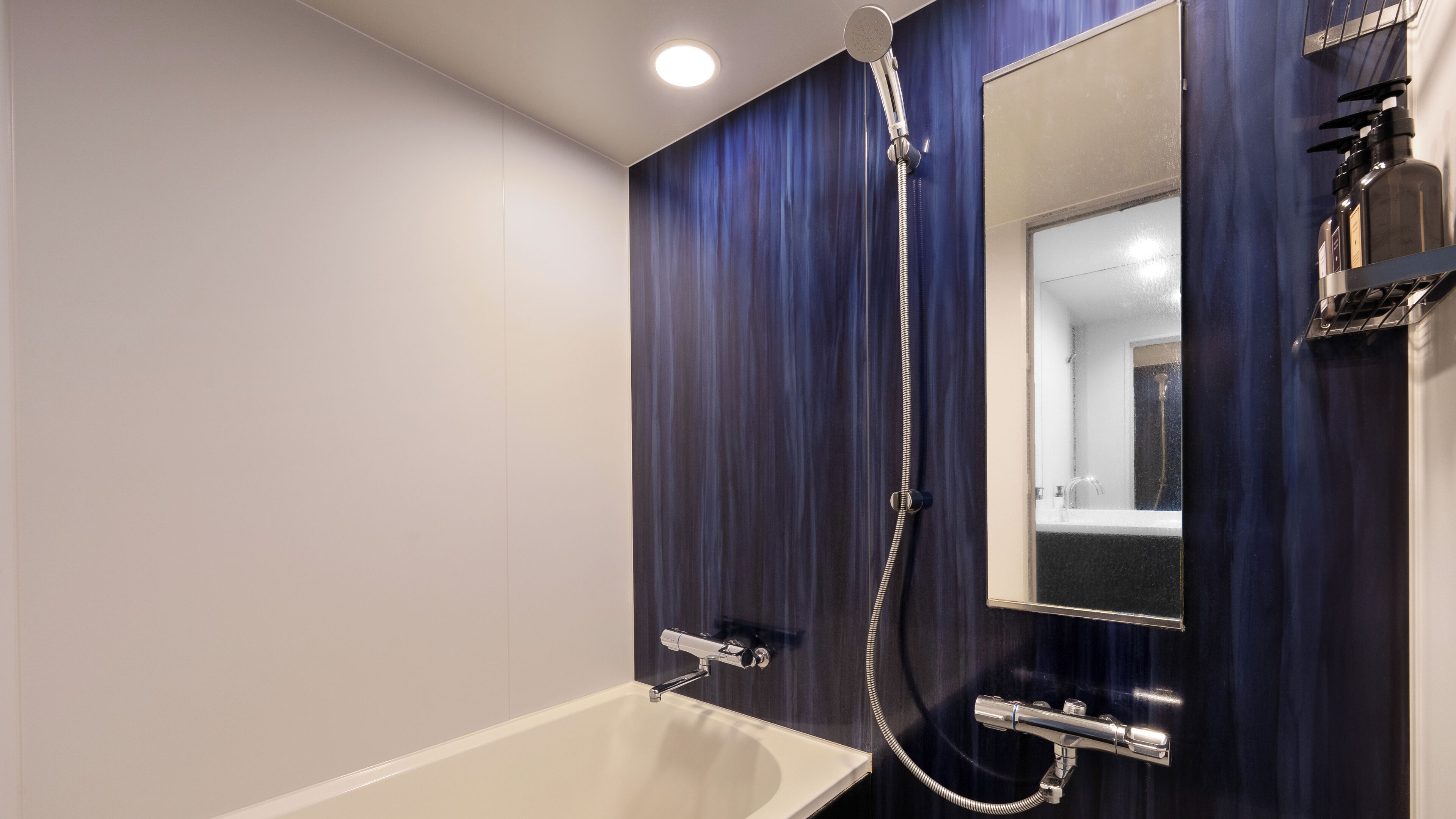 A modern bathroom with a bathtub, a shower, and a mirror.