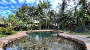 A swimming pool with a stone edge, surrounded by lush greenery and palm trees. - Mission Beach Lodge (Mission Beach)
