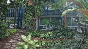 Un patio con sendero de piedra, diversas plantas tropicales, mobiliario exterior y una cerca azul.