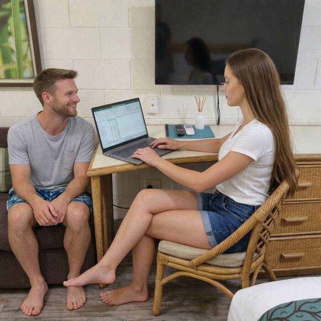 A room with a bed, a desk with a laptop, a wicker chair, and a TV on the wall.