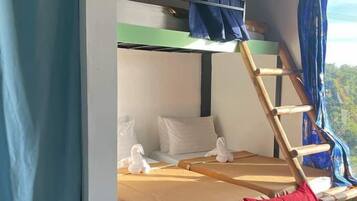A bunk bed room with a ladder, pillows, and a view of the outdoors.