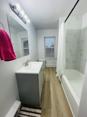 Hair dryer, towels, soap, toilet paper