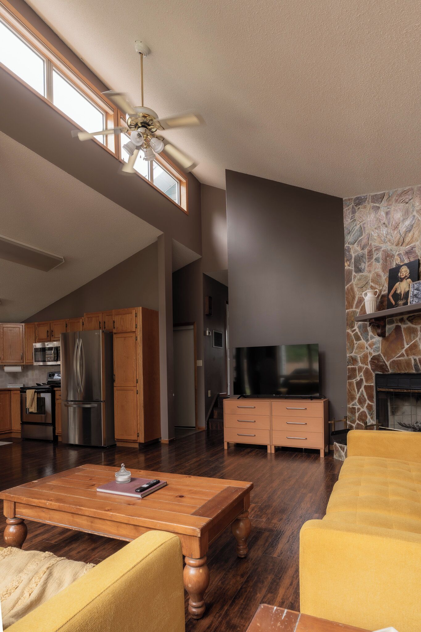 TV connectée, cheminée, lecteur de DVD, livres