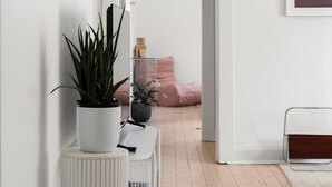 Un intérieur moderne avec un mur blanc, une plante en pot, un banc blanc et une porte-fenêtre donnant sur une autre pièce où se trouve un canapé rose.