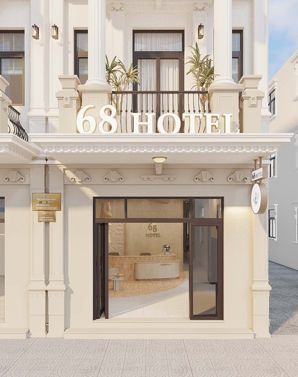 A hotel entrance with a reception desk, a large sign displaying '68 HOTEL', and a balcony with potted plants.
