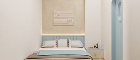 A modern bedroom with a bed, a nightstand, and a wall-mounted artwork.