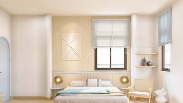 A spacious bedroom with a large bed, bedside tables, a wall-mounted artwork, and a window with blinds.