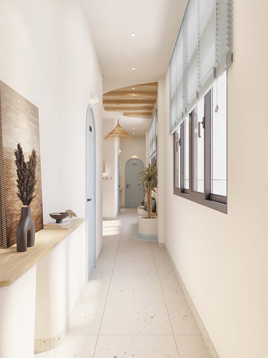 A modern hallway with a wooden bench, a potted plant, and a door labeled "OR 3".