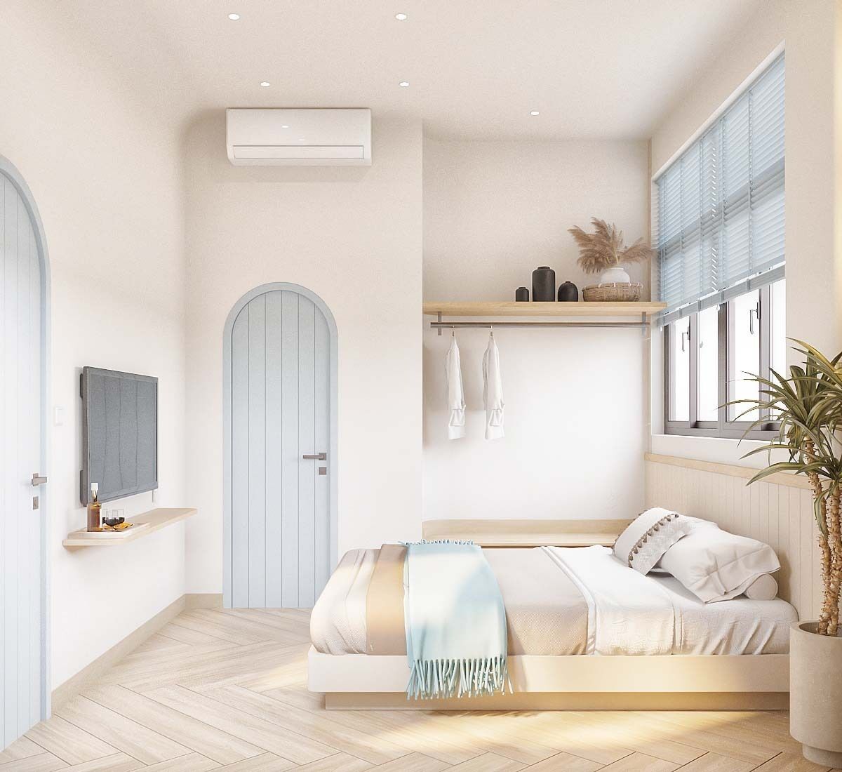 Un dormitorio moderno con cama, televisor, ventana y una planta.