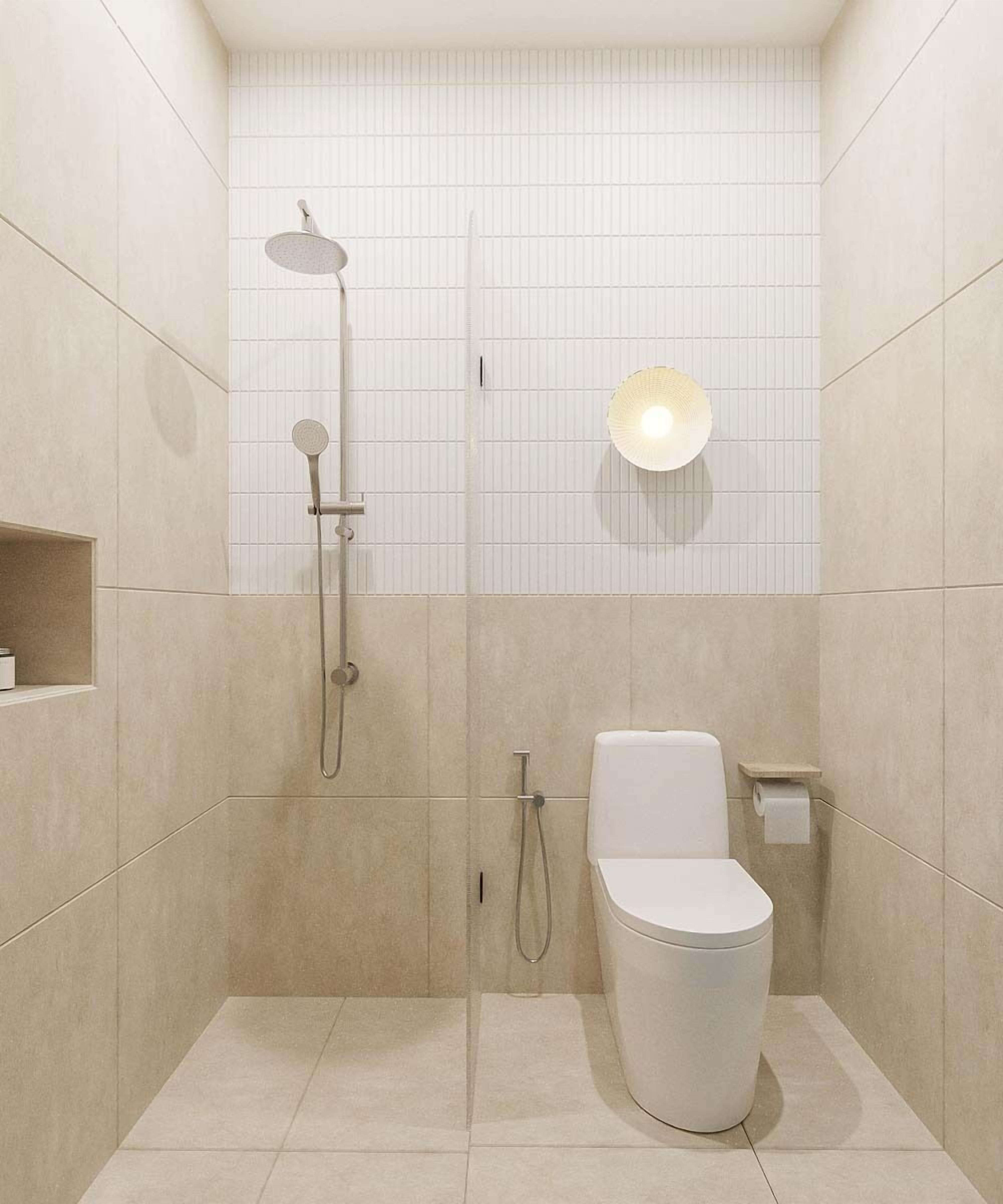 Un baño moderno con ducha, inodoro y un accesorio de iluminación en la pared.