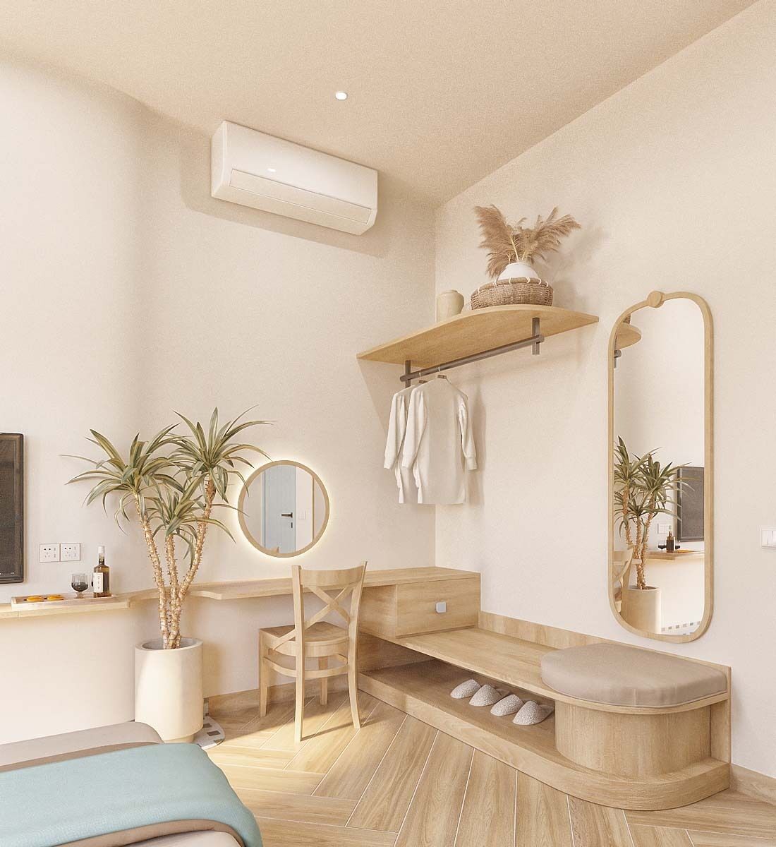 Een moderne badkamer met een houten wastafelmeubel, een ronde spiegel, een handdoekhouder en een plank met decoratieve objecten.